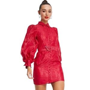 ASOS DESIGN Red Burnout Mini Dress Puff Sleeve Sz 14 *No Belt* Sexy